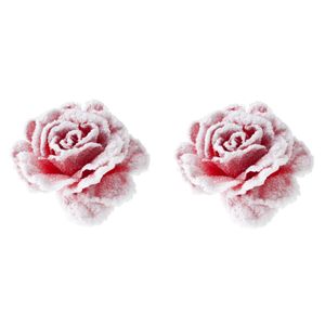 2x stuks decoratie bloemen roos roze met sneeuw op clip 15 cm