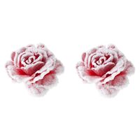 2x stuks decoratie bloemen roos roze met sneeuw op clip 15 cm - thumbnail