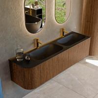 Mondiaz KURVE 165 cm Onderkast Greeploos 2 Lades Met Deuren Walnut, Wastafel Solid Surface Rechts Urban 2 Kraangaten Zonder Spiegel (KRVBGS165L2L1D2KD-Wal/Urb)