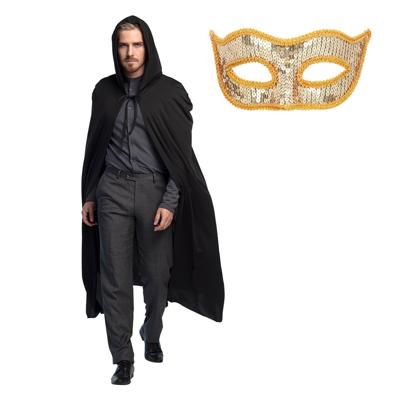 Gemaskerd bal/Halloween verkleedkleding - Met oogmasker in goud - Lange zwarte mantel met capuchon
