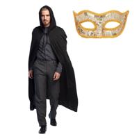 Gemaskerd bal/Halloween verkleedkleding - Met oogmasker in goud - Lange zwarte mantel met capuchon Gemaskerd bal/Halloween verkleedkleding - Met oogmasker in goud - Lange zwarte mantel met capuchon