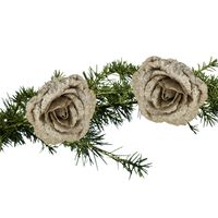 2x stuks kerstboom bloemen roos champagne glitter op clip 18 cm - thumbnail