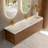 Mondiaz KURVE 155 cm Onderkast Greeploos 2 Lades Met Deuren Walnut, Wastafel Solid Surface Links Talc 2 Kraangaten Zonder Spiegel (KRVCLO155R2L1D2KD-Wal/Tal)
