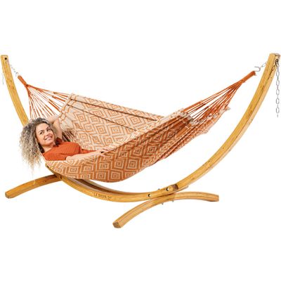 Eenpersoons hangmat met houten standaard - 300x140cm - Oranje - 120kg draagkracht- 100% katoen - binnen & buiten