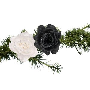 Kerstboomversiering bloemen op clip - 2x st - wit en zwart - 10 cm