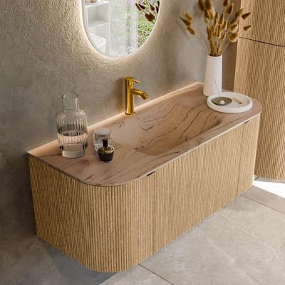 Badmeubel Mondiaz Kurve-Dlux | 110 cm | Meubelkleur Oak | Wastafelkleur Arena | Solid surface | Wasbak midden spoelbak | 1 kraangat
