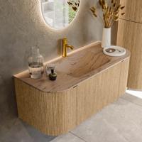 Badmeubel Mondiaz Kurve-Dlux | 110 cm | Meubelkleur Oak | Wastafelkleur Arena | Solid surface | Wasbak midden spoelbak | 1 kraangat