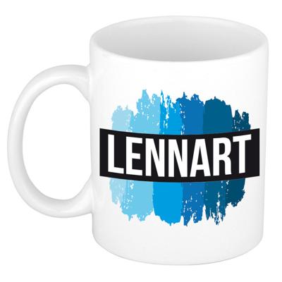 Lennart naam cadeau koffie mok - beker - met blauw verfstrepen - Cadeau collega - vaderdag