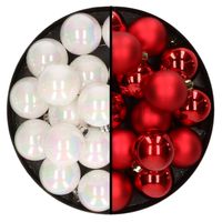 32x stuks kunststof kerstballen mix van parelmoer wit en rood 4 cm - Kerstbal - thumbnail