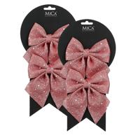 Kerst ornamenten strikken - 4x st - roze met glitter - 12 x 13 cm - kerstboomstrikjes