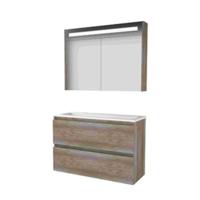 Basic-Line Premium 39 Badkamermeubelset - Ondiep - 100 x 39 cm - Greeploos - 2 Lades - Acryl Wastafel - 2 Kraangaten - Spiegelkast met LED Verlichting - Scotch Oak