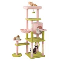 148 cm Krabpaal Bloementhema Kattenboom met Meerdere Verdiepingen met Kattenmand Hangmat Sisalpalen Krabplank Bal Roze + Groen