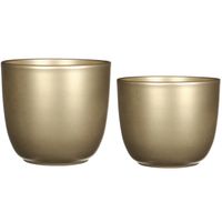 Plantenpot/bloempotten set - 2x stuks - keramiek - goud - D12 en D17 cm - thumbnail