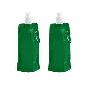 Drinkfles/bidon - 2x - groen - navulbaar - opvouwbaar met haak - 400 ml - festival/outdoor