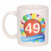 49 jaar Verjaardag koffiemok - cadeau beker - feestelijke ballonnen print - 300 ml - keramiek - wit