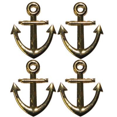 Carnaval verkleed broche/speld maritiem anker - 4x stuks - goud - 7 cm - Kapitein/matroos accessoire