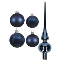 Glazen kerstballen pakket donkerblauw glans/mat 38x stuks 4 en 6 cm met piek glans - thumbnail