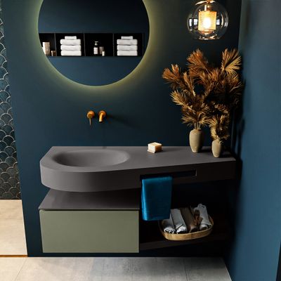 MONDIAZ RIVA 120cm badmeubel onderkast / planchet kleur Army met 1 lade. Wastafel DULCET links 0 kraangaten kleur Dark_Grey.