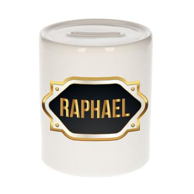 Spaarpot met voornaam Raphael - wit - goud/zwart embleem - 8 x 9 cm - keramiek - afsluitdop