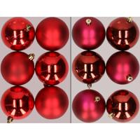 12x stuks kunststof kerstballen mix van rood en donkerrood 8 cm - Kerstbal - thumbnail