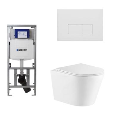 QeramiQ Dely Toiletset - 36.3x51.7cm - diepspoel - rimless - Geberit UP320 Burda inbouwreservoir - softclose toiletzitting - mat witte bedieningsplaat - rechtehoekige knoppen - wit glans SW543431/0701131/SW706191