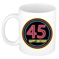 Verjaardag mok / beker - happy birthday 45 jaar - neon - 300 ml - verjaardagscadeau