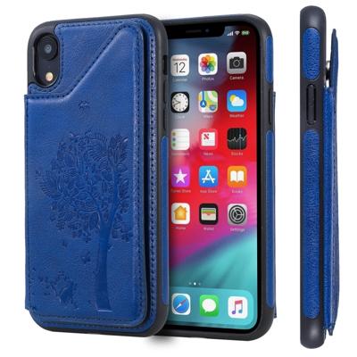 Voor iPhone XR kat boom reliëf patroon schokbestendige beschermhoes met kaartsleuven & fotolijstjes (blauw)