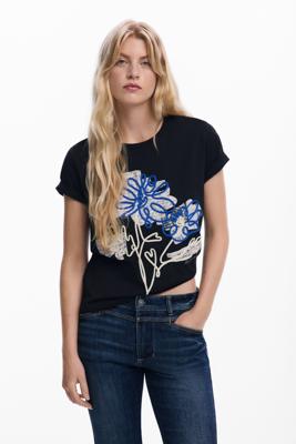 Bloemen T-shirt met koord - BLACK - XL