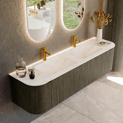 Badmeubel Mondiaz Kurve-Dlux | 170 cm cm | Meubelkleur Shadow | Wastafelkleur Ostra | Solid surface | Wasbak beiden zijden spoelbak | 2 kraangaten