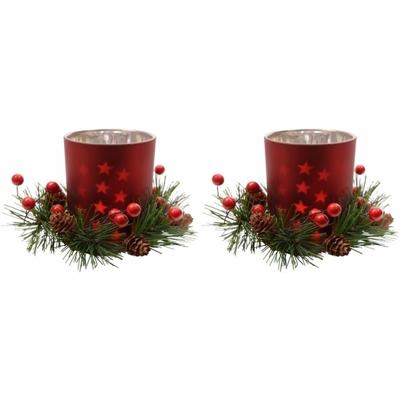Kerst theelichthouder - 2x - rood - 8 cm - glas/kunststof - waxinelichthouder - kaarsenhouder