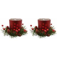 Kerst theelichthouder - 2x - rood - 8 cm - glas/kunststof - waxinelichthouder - kaarsenhouder Kerst theelichthouder - 2x - rood - 8 cm - glas/kunststof - waxinelichthouder - kaarsenhouder