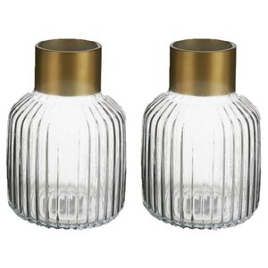 Bloemenvazen 2x stuks - luxe decoratie glas - transparant/goud - 12 x 18 cm