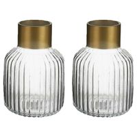 Bloemenvazen 2x stuks - luxe decoratie glas - transparant/goud - 12 x 18 cm