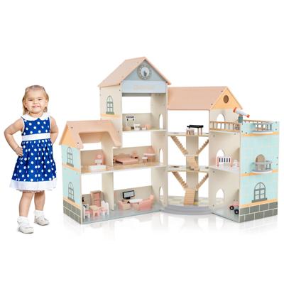 Hoekpoppenhuis van Hout met Roze dak & 41 Meubelstukken & Accessoires Poppenkamer DIY Droomhuis Oranje