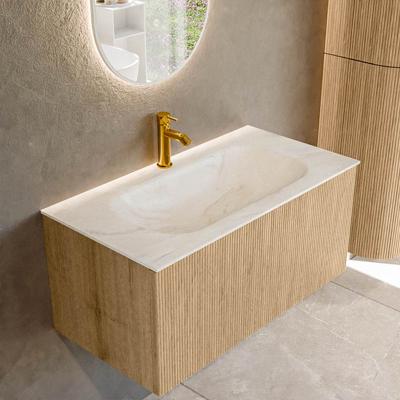 Badmeubel Mondiaz Kurve-Dlux | 90 cm | Meubelkleur Oak | Wastafelkleur Ostra | Solid surface | Midden spoelbak | 1 kraangat