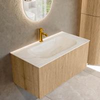 Badmeubel Mondiaz Kurve-Dlux | 90 cm | Meubelkleur Oak | Wastafelkleur Ostra | Solid surface | Midden spoelbak | 1 kraangat