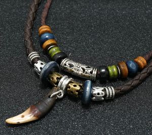 Leren Bohemian Ketting met Keramische Kralen en Tand Hanger - Sieraden - Spiritueelboek.nl