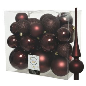 Set van 26x stuks kunststof kerstballen incl. glazen piek mat mahonie bruin   -