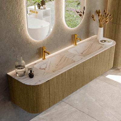 Badmeubel Mondiaz Kurve-Dlux | 180 cm | Meubelkleur Dusk | Wastafelkleur Nata | Solid surface | Wasbak beide zijden spoelbak | 2 kraangaten