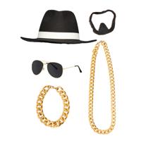 Carnaval verkleed Pooier/pimp/gangster set - 5 delig - volwassenen - hoed - zonnebril - sieraden