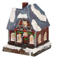 Kersthuisjes/kerstdorpje huisje - blauw dak - Polystone - 14 cm - met verlichting