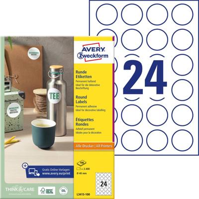 Avery-Zweckform L3415-100 Ø 40 mm Papier Wit 2400 stuk(s) Permanent hechtend Universele etiketten Inkt, Laser, Kopie 100 vel DIN A4