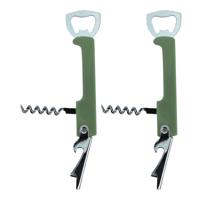 Excellent Houseware flesopener/kurkentrekker - 2x - kelnersmes - khaki groen - 12 cm - thumbnail