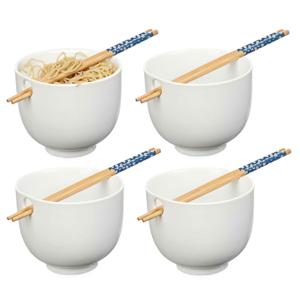 Pokebowl/ramen/noedels servies set - 4x - kommetje en chopsticks - keramiek - wit - sushi eet set