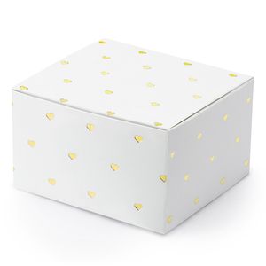 PartyDeco cadeaudoosje Hartjes - Bruiloft - 10x - wit/goud - papier - 6 x 4 cm   -