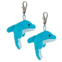 Nature planet pluche Dolfijn knuffel sleutelhanger - 2x - blauw - 6 cm - zeedier knuffel