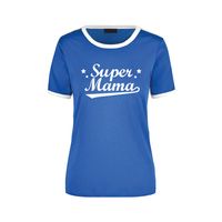 Super mama cadeau ringer t-shirt blauw met witte randjes voor dames - Moederdag/verjaardag cadeau XL  -