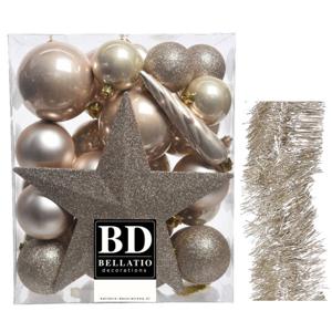 Kerstversiering kerstballen 5-6-8 cm met ster piek en folieslingers pakket champagne van 35x stuks - Kerstbal