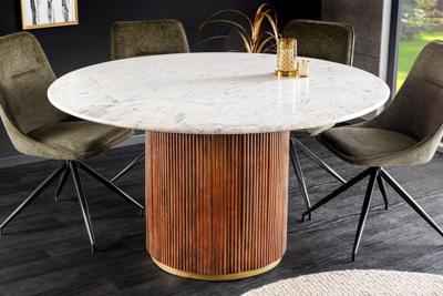 Ronde eettafel GATSBY 140 cm bruin goud mangohout wit marmeren blad kolomvoet - 45830