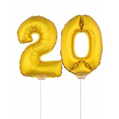 Gouden opblaas cijfer 20 - op stokjes van 41 cm - leeftijd versiering - verjaardag